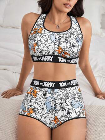 TOM & JERRY X SHEIN 女士可爱卡通字母印花胸罩和内裤套装