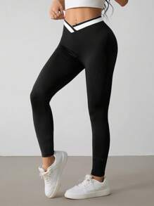 SHEIN PETITE Leggings casual da donna con vita asimmetrica e contrasto di colori, versatili