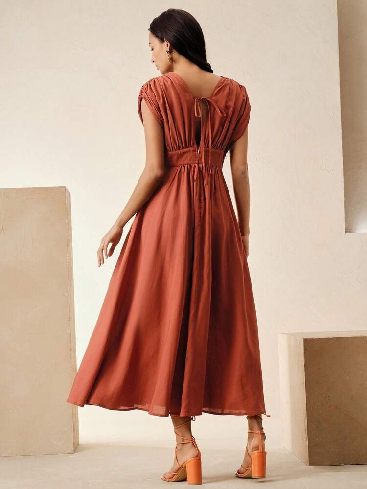Elegant Waist Floral Decor Cinched Waist Resort Beach Pleated Design Dress, Festival Boho Going Out Vacation Outfits For Women, Spring/Summer Dresses For Women Elegant