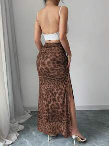 Rafferiza Women's Leopard Print Mesh Drawstring Slit Midi Skirt, Fashionable & Elegant Fall Cloth For Women - Khaki - View 2