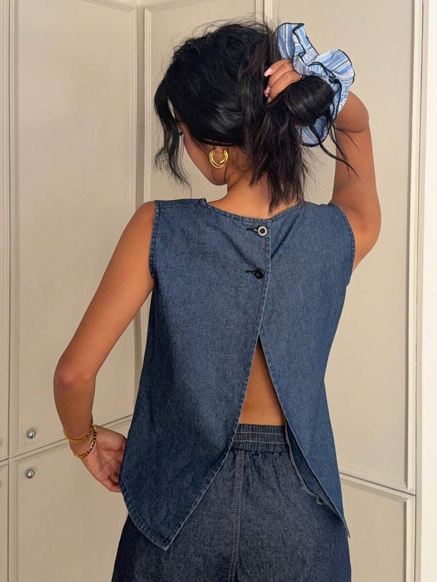 Aloruh Women's Denim Sleeveless Casual Fitted Top, Blue, Summer For Women/Summer/Summer/Cute Summer Tops, Festival/Festival, Rave/Concert Women/Country Concert/Rave/Rave Festival/Nashville/Ibiza, Elegant, Boho/Bohemia/Boho - Blue - View 1