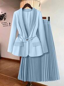 Rometta Plus Size Women Solid Color Long Sleeve Blazer With Pleated Midi Skirt Suit Set Graduation,Back To School,Teacher Outfits For Women Fall Cloth For Women Autumn - Baby Blue - View 8