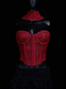 SHEIN ICON Lace Mesh Fish Bone Wireframe Pendant Decoration V-Neck Blouse For Women - Hot Pink - View 1