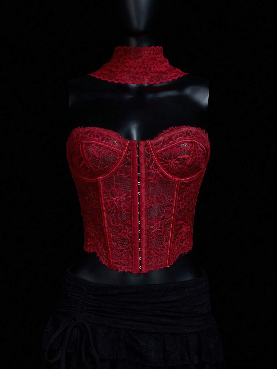 SHEIN ICON Lace Mesh Fish Bone Wireframe Pendant Decoration V-Neck Blouse For Women - Hot Pink - View 1