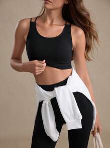 Eassivo Eassivo Women's Solid Color Cropped Tank Top And Leggings Seamless Sports Set - Black - View 4
