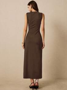Poéselle Women Sleeveless Solid Color Dress, Fashionable Suitable For Summer,Summer Dresses For Women - Coffee - View 3