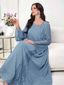 Al Najma 女士雪纺蕾丝优雅浪漫3D花卉端庄时尚长袍和传统长裙、卡夫坦 - 霧霾藍 - 查看 1