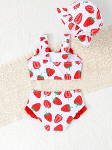 3 件套女婴沙滩装套装，带蝴蝶结、格子图案和可爱图案帽