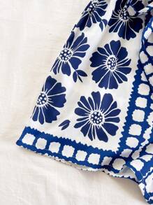 Soleia Spring & Summer Casual Vacation Western Beach Wedding Guest Attire, Graduation Brunch Wear, St. Patrick's Day Spring Break, Easter, Music Festival Elegant Bohemian Tropical Chic New Arrivals Blue & White Floral Print Tie-Strap Jumpsuit - Blue and White - View 5