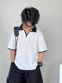 Tween 男童休闲度假百搭罗纹领半拉链 V 领宽松针织 Polo 衫，适合学校、花园、海滩、生日、春夏秋冬四季 - 白色 - 查看 2