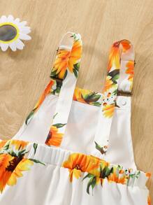 Jeune fille Pantalon décontracté à bretelles avec poche et imprimé tournesol, été