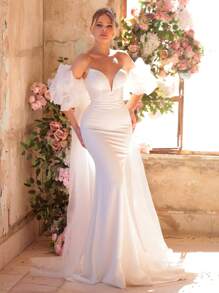 Glamrae Elegant White Stretchy Knit Strapless Mermaid Style (Detachable 2 Pieces) Exaggerated 3D Ruffle Trailing Bridal Wedding Gown, Bride - White - View 7