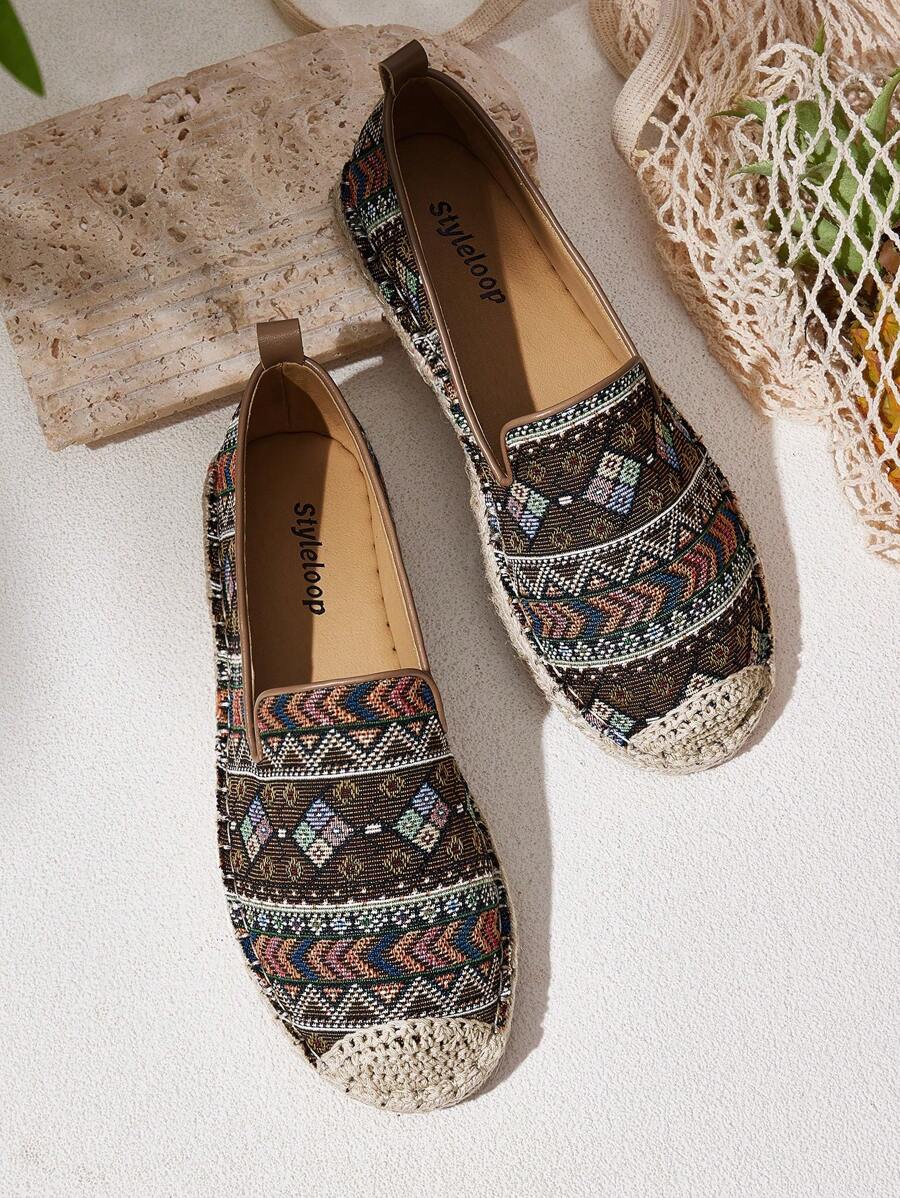 Styleloop Women Mesh Geometric Jacquard Flat Shoes, Vacation Style - Rust Brown - View 1