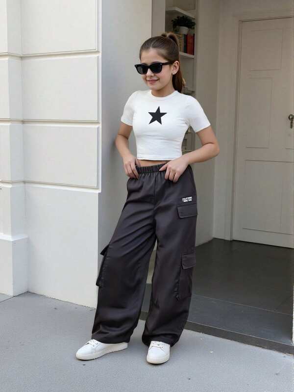 SHEIN Tween Girls Star Print Top & Multi-Pocket Cargo Pants 2Pcs Casual Outfit Set