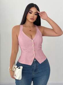 Elenzga 大码女式纯色束腰修身吊带背心 - 粉色 - 查看 1