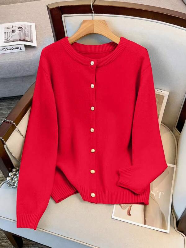 SHEIN LUNE Damen Große Größen einfache elegante Knopfleiste Rundhals Strickjacke, Lässig Langarm