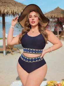 Swim Lushoire Plus Size Women Strap Patchwork Casual Vacation Swimsuit Set For Summer - Navy Blue - View 1