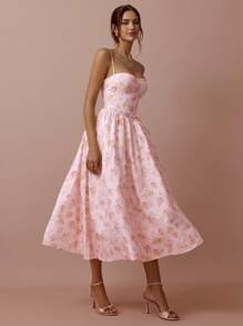 Enchnt Women's Elegant Pink Floral Summer Dress, Suspender Princess Long Sundress For Wedding Guest,Wedding Ninang,Bridal Shower&Fairycore Party - Pink - View 4