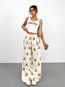 SHEIN PETITE Pantaloni a vita alta a zampa larga con cravatta in vita e motivo a quadri con orsetti cartooneschi per donne