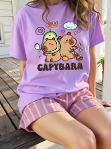 Sparklyn Camiseta de cuello redondo de manga corta con estampado de dibujos animados de capibara linda en color morado para niña preadolescente, verano - Morado - Ver 2