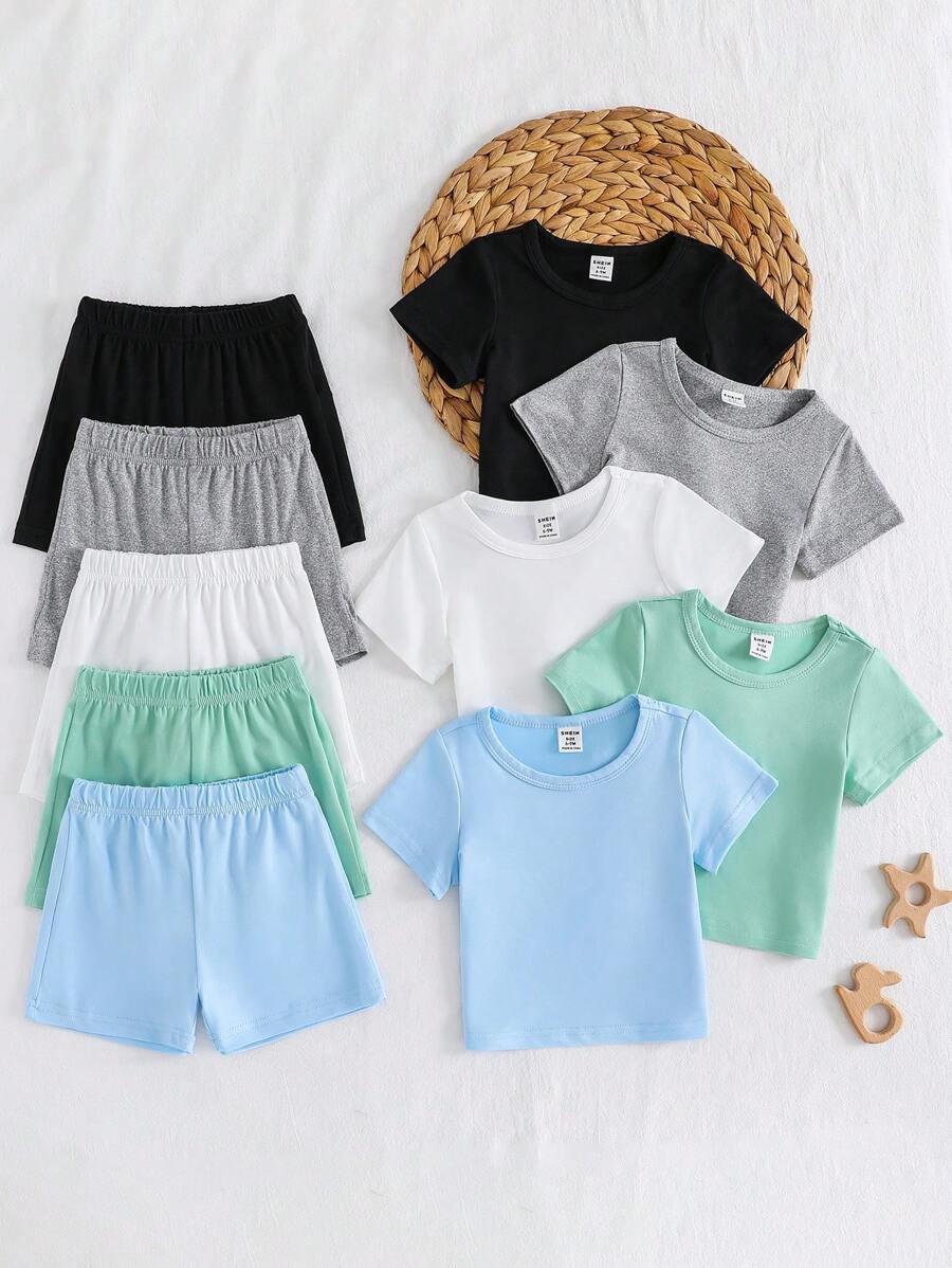 10 件套男婴夏季服装，5 种颜色短袖衬衫和短裤套装，舒适休闲日常穿着，百搭又可爱