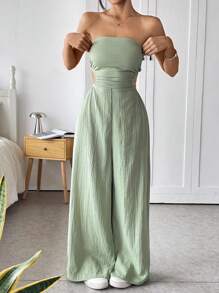 SHEIN Tall CURVE Plus Size Sexy Solid Color Backless Camisole Wide Leg Jumpsuit - Green - View 6