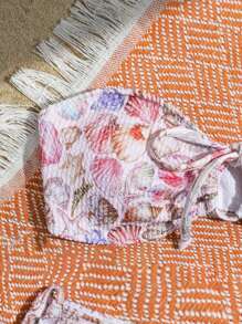 SHEIN Swim Women's Summer Beach Vacation Seashell Print Drawstring Bandeau Swimwear Bikini Set