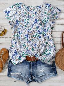 SHEIN LUNE Camisa casual con volantes en el bajo y estampado de flores pequeñas para talla grande - Verde - Ver 2