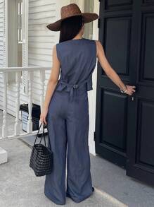 Livesso 2 件女式单排扣休闲牛仔背心和牛仔裤套装 - 中等水洗藍 - 查看 5