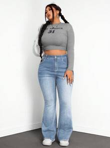 SHEIN ICON Plus Size Women Pockets Flared Casual Versatile Denim Jeans - Light Wash - View 6