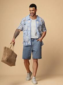 EASEVO Plus Size Men's Blue Loose Openwork Floral Knit Polo Shirt, Short Sleeve, For Fall Winter