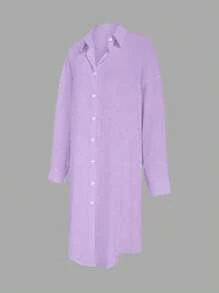 Omancia 褶皱长款纽扣落肩女式衬衫 - 紫色 - 查看 4