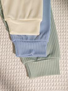 SHEIN Playful Pals 6件套男婴夏季纯棉条纹短袖T恤和裤子套装，白色、蓝色、绿色，舒适、休闲、百搭，适合日常穿着 - 彩色 - 查看 7