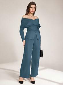 Modelyn 2pcs Women's Elegant Off Shoulder Criss-Cross Strap Modern Korean Style Set, Spring/Summer - Dusty Blue - View 5
