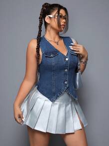 SHEIN ICON Áo vest denim giản dị cổ chữ V một hàng khuy cỡ lớn cho nữ - Rửa trung bình - Xem 6