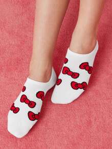 HELLO KITTY AND FRIENDS | SHEIN 5 Pairs Women Breathable Soft Boat Socks/Invisible Socks, Reinforced Toe & Heel, Cute Bow Pattern, Assorted Colors, Suitable For Spring & Summer