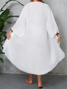 Swim Lushoire Cubre pareo tipo kimono para mujer talla grande de color negro liso, suelto y liviano, funda de baño con manga larga y larga