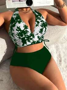 Swim Lushoire Plus Size Tie-Dye Printed Halter Neck Top And Solid Color Triangle Bikini Set For Summer Beach Vacation