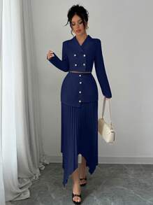 Elenzga 女士 2 件套：领口修身双排扣短款夹克 + 褶皱拼布不对称裙子，优雅