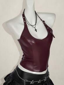 SHEIN ICON Women's Solid Color Minimalist Sleeveless Spaghetti Strap Backless PU Leather Y2K Holiday Party New Year Crop Top, Casual Everyday Wear, Wine Red,Rave Top