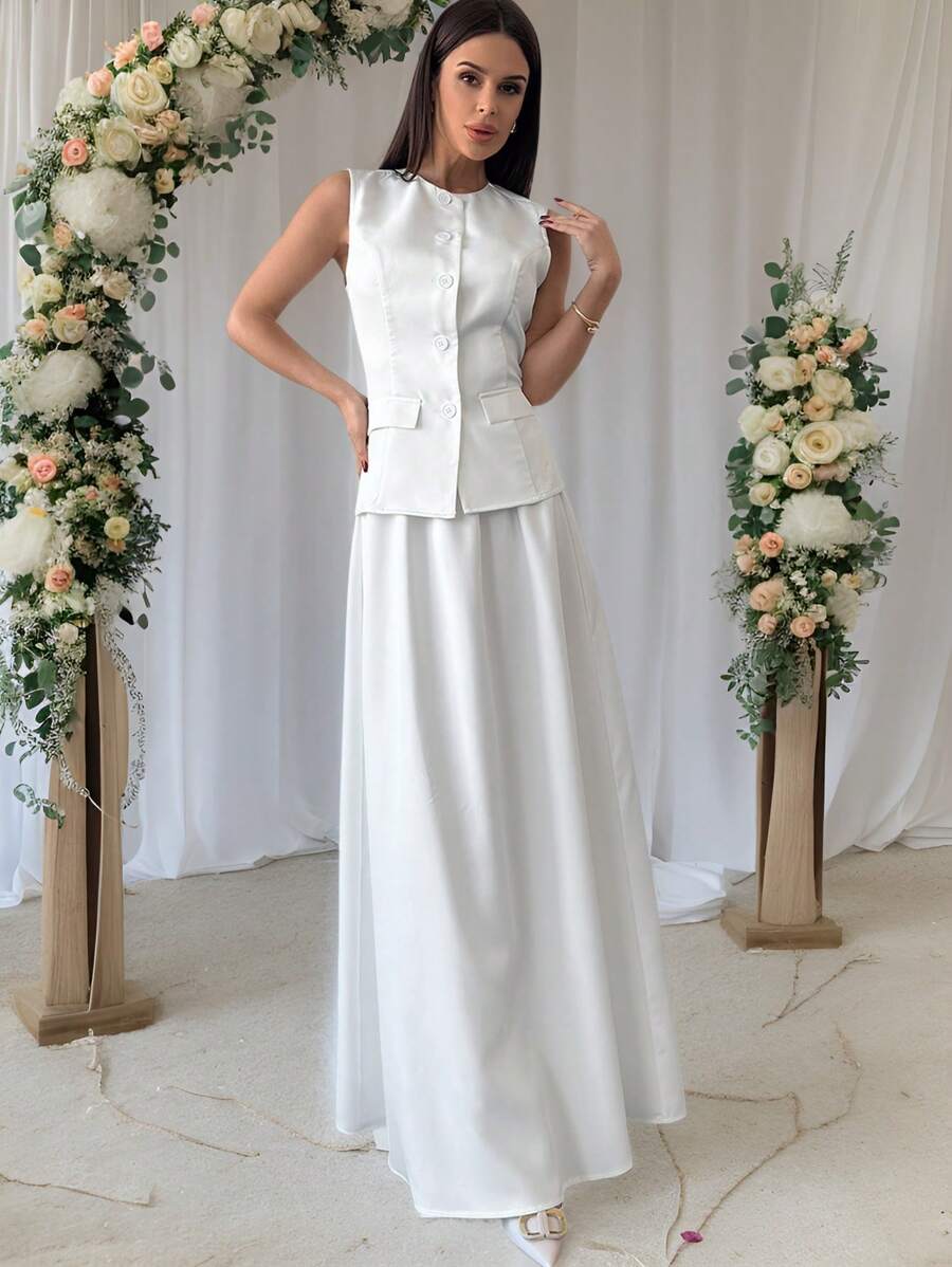 Firerie 女士优雅工作办公室婚礼简约纯色通勤 OL 上衣和高腰 A 字长裙 2 件套,白色裙子套装,婚礼套装,演唱会服装,商务休闲女装,优雅不对称下摆露肩上衣搭配百褶裙套装,简约白色背心和百褶裙 2 件套,适合派对、音乐节、毕业季、度假、优雅、教师节、商务休闲女装 - 白色 - 查看 1