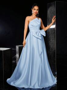 Glamrae Elegant Romantic Satin Asymmetrical Ruched Bustier Maxi Dress With Oversized Bow Decor & High Slit, Suitable For Evenings, Parties, Dates, Gala, Formal, Party Dress, Gown, For Wedding Guest - Baby Blue - View 7