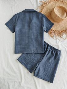 Vintaside Kids Tween Boy Vintage Embroidery Collar Short Sleeve Shirt And Versatile Casual Shorts Set, Spring/Summer