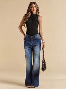 SHEIN BAE Women's Elegant Sleeveless Bodysuit With Backless, Asymmetric Shoulder, And Ruched Design, Black, Suitable For Spring And Summer,Halloween Clothes Women ,Halloween Costume - Black - View 7