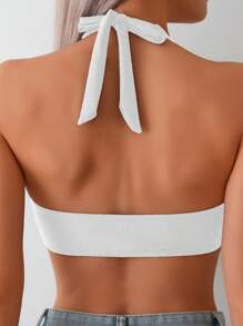 SHEIN Swim Spring Break Women's U-Neck Ruched Front Halter Neck Bikini Top, Simple & Fashionable Versatile Swimsuit For Summer Beach Vacation - White - View 2