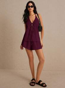 Poéselle Damen Sommer einfarbiges Halter-Neckholder-Weste mit Schleife vorne und Damen Shorts Lässig Zweiteiler aus Leinen, Weste und Shorts Set, Stoff atmungsaktiv und bequem, einfacher modischer Old-Money-Stil, geeignet für täglichen Urlaub, Pendeln, Zuhause-Tragen