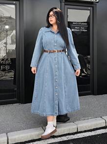 SHEIN EZwear Plus Size Casual Washed Snap Front Puff Sleeve Denim Dress - Light Wash - View 5