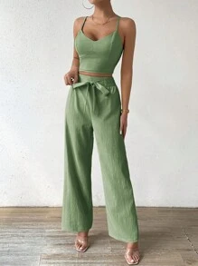 SHEIN ChicEase Women's Butterfly Detail Camisole Tank Top And Straight Leg Elastic Waist Pants 2 Pieces Vacation Set - Green - View 7
