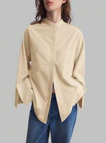 Ontre 超大号奶油黄色立领长袖衬衫，宽松袖口设计，百搭女士商务休闲衬衫，2025 年新款教师办公室服装 - 杏色 - 查看 2