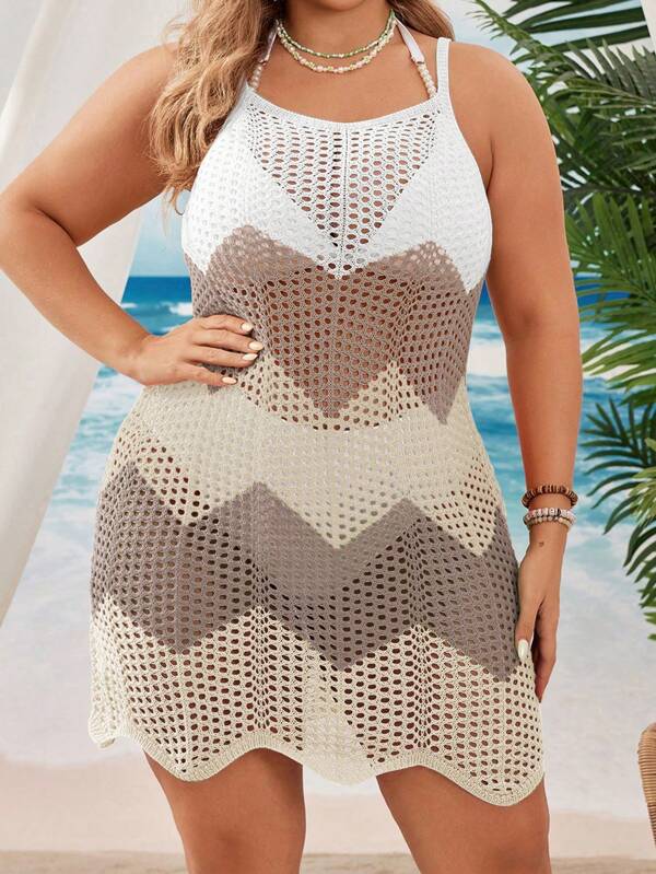Swim Vcay Vestido de tirantes con diseño hueco de dos tonos para mujer de talla grande